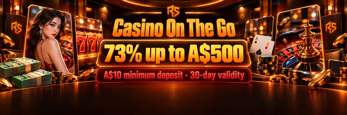 Roospin application-themed banner with a compact RS emblem, dark lobby styling and warm orange-accented game tiles.