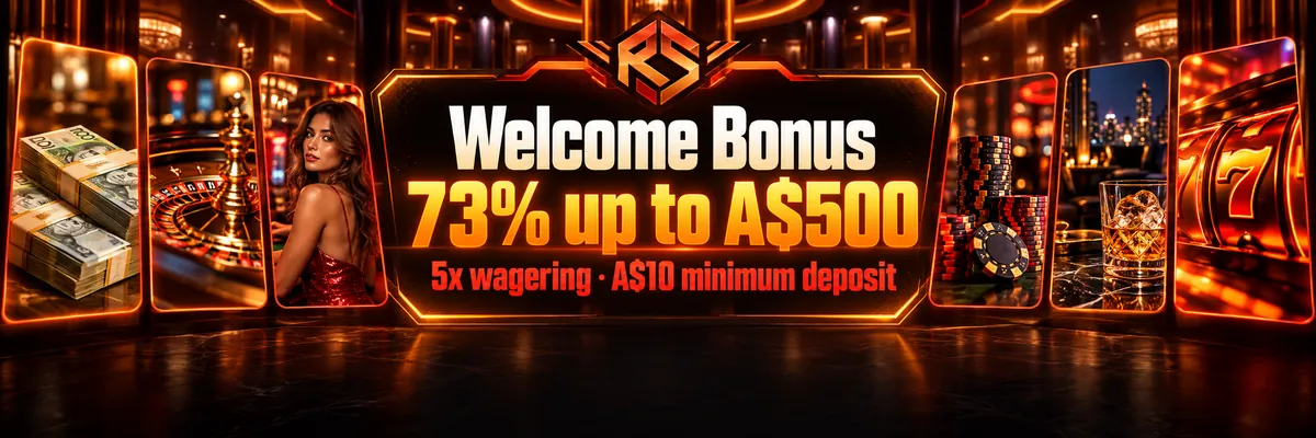 Dark Roospin lobby-style banner with an angular RS emblem, warm orange and red-orange glow, and rounded game tiles framing a welcome bonus.
