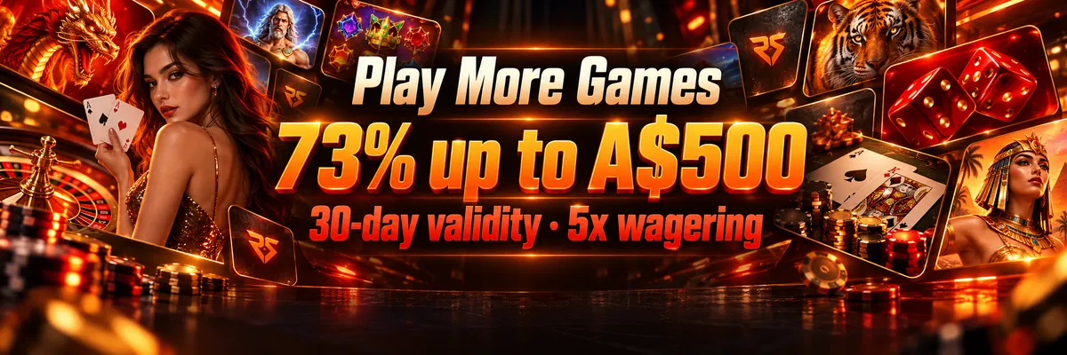 Roospin casino banner featuring varied rounded game thumbnails, an angular RS emblem and a high-contrast orange and red-orange palette.